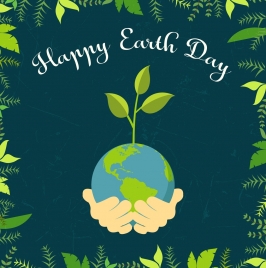 earth day banner hand globe green leaves icons