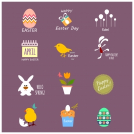 easter icons collection with colored flat design