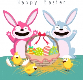 easter poster cute bunny chick basket eggs icons