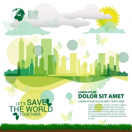 ecology saving banner design with cityscape vignette style