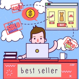 ecommerce banner person computer goods icons colored cartoon