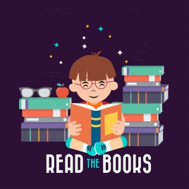 education background boy reading books icon colored cartoon