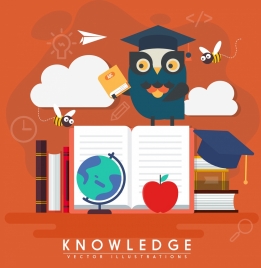 education background stylized owl books bees icons decor