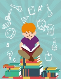 education design elements boy reading on books stack