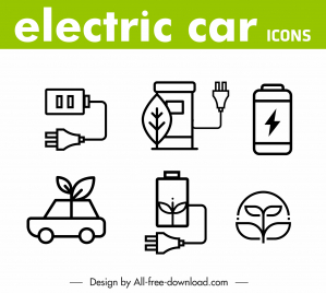 electric car premium line icons collection flat handdrawn symbols