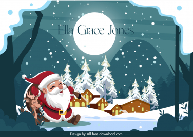 ella grace jones xmas card template cute cartoon santa reindeer snowfall scene decor