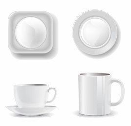 Empty cups and plates on a white