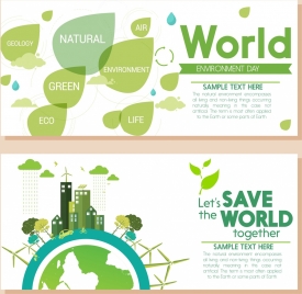 environment banners green leaf globe buildings icons decor