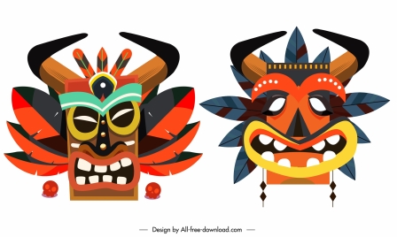 ethnic masks icons colorful classic frightened symmetric faces