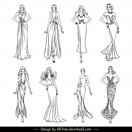 evening dresses design templates collection handdrawn cartoon sketch