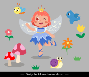 fairy design elements cute girl flowers creatures sketch
