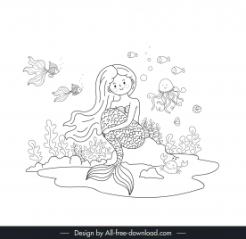 fairy tale design elements handdrawn mermaid sea species outline