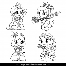 fairy tale icons cute girls sketch handdrawn cartoon