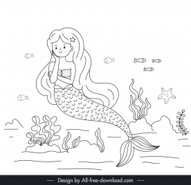 fairy tale mermaid design elements black white handdrawn sketch
