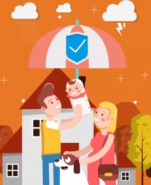 family protection background parents kid umbrella weather icons