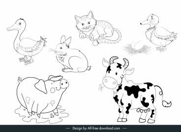farm animals icons black white handdrawn sketch
