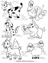 farm animals icons cute cartoon sketch handdrawn design