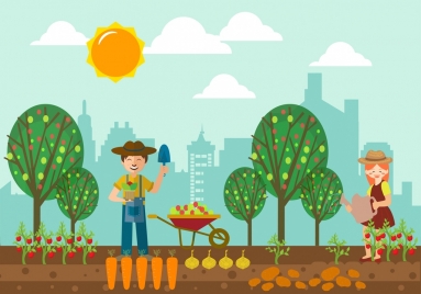 farming background human icons colored cartoon design