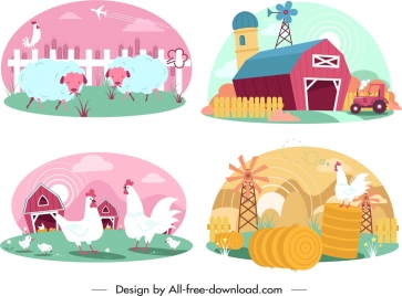 farming design elements cattle poultry warehouse icons