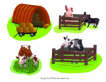 farming design elements pig cow straw sketch