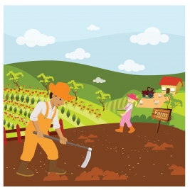 farming drawing illustration with couple working on field