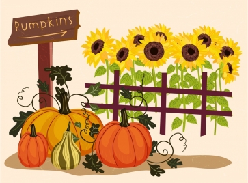 farming drawing sunflowers pumpkin icons multicolored design