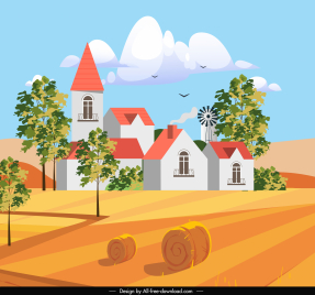 farming scene painting colorful houses field sketch