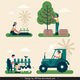 farming work icons classical colorful design cartoon characters