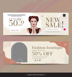 fashion discount banner template lady cartoon leaves decor