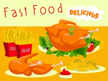 fast food advertisement roast chicken fried potato icons