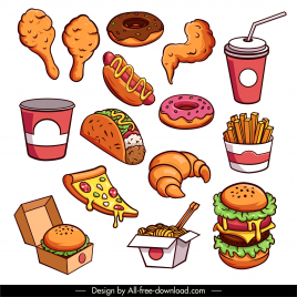fast food design elements colorful classic handdrawn sketch