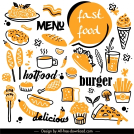 fast food design elements retro handdrawn sketch