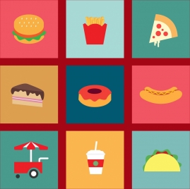 fast food icons design elements various colorful symbols