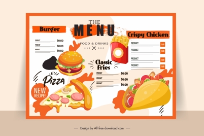 fast food menu template bright colorful classic decor