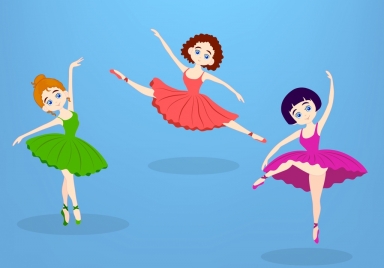 female ballerina icons colored cartoon style various gestures