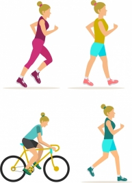 female exercise icons in flat colored design