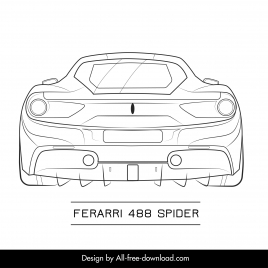 ferrarri 488 spider car model template flat black white back view sketch