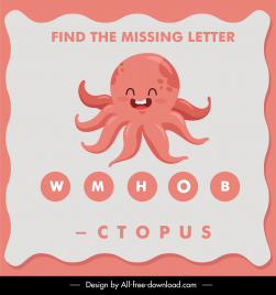 find the missing letter education template cute octopus texts blank sketch
