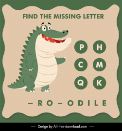 find the missing letter education template funny crocodile animal texts blank sketch