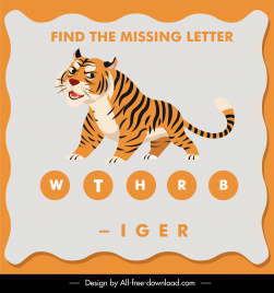 find the missing letter educational template tiger outline texts blank sketch