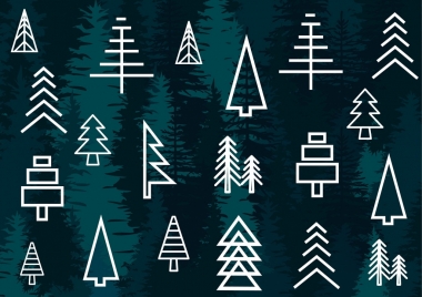 fir tree icons white lines sketch design
