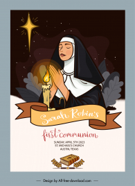 first communion invitation christianity banner template catholic sister candle ribbon sketch cartoon design