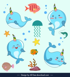fish creatures icons cute cartoon characters sketch