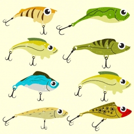 fish prey icons multicolored design sharp hooks decor