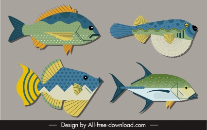 fish species icons colorful flat sketch