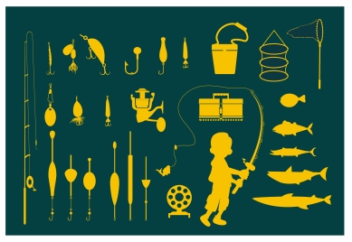 fishing icons vector illustration in bright silhouettes style