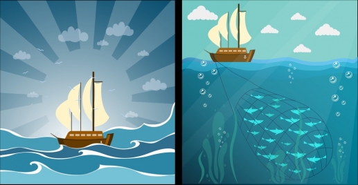 fishing sailboat drawings multicolored cartoon design