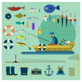 fishing vector illustration with various tools and fisherman
