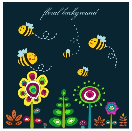 floral background design with cute cartoon honeybees