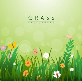 flowers grass background template colorful cartoon decoration